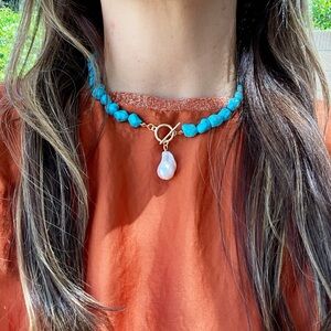 Turquoise Beaded Necklace with Pearl Pendant